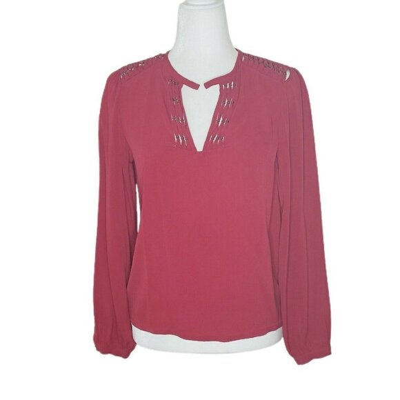 Diane von Furstenberg Deep Red and Gold Silk Keyhole Long Sleeve Blouse Size 0 - Picture 1 of 10